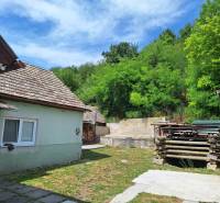 Rodinný dům v Hajnáčce s dvorem, dřevníkem a zelenými stromy v okolí.