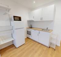 Garsonka s kuchyňským koutem, lednicí a podlahou s dřevěným dekorem.