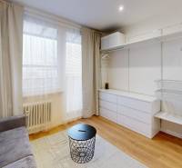 Garsonka s pohovkou, úložným prostorem, podlahou s dřevěným dekorem a bílými závěsy.