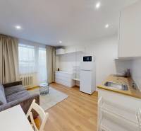 Garsonka s podlahou s dřevěným dekorem, sedačkou, stolem a kuchyňským koutem.