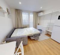 Garsonka nabízí rozkládací pohovku, lednici a bílý nábytek na podlaze s dřevěným dekorem.