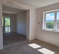 Pokoj v rodinném domě, velká okna, výhled na zahradu a okolní stromy.