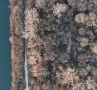 Letecký pohled na les v Nová Ves nad Váhom u Rekreačních pozemků. Cesta vede podél řeky.