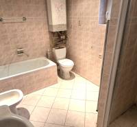 Koupelna v rodinném domě s vanou, umyvadlem a WC. Obklady světlé barvy.