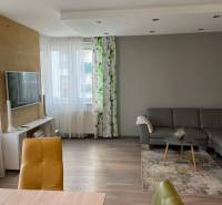 Obývací pokoj ve 4pokojovém bytě s podlahou s dřevěným dekorem, šedou sedačkou a TV.