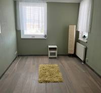 Pokoj ve 4pokojovém bytě s podlahou s dřevěným dekorem a zelenými stěnami.