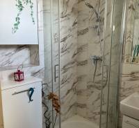 Kompaktní koupelna se sprchovým koutem a mramorovým obkladem ve 4pokojovém bytě.