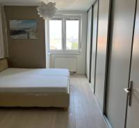 Ložnice ve 4pokojovém bytě s postelí, vestavěnou skříní a podlahou s dřevěným dekorem.