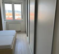 Ložnice ve 4pokojovém bytě s postelí, podlahou s dřevěným dekorem a skříní.