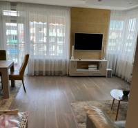 Obývací pokoj ve 4-pokojovém bytě s podlahou s dřevěným dekorem a televizí na zdi.