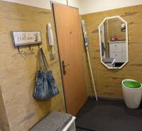 Interiér předsíně ve 4-pokojovém bytě s věšákem, lavicí a zrcadlem.