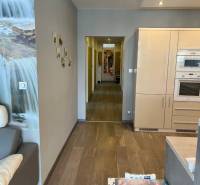 Obývací pokoj ve 4pokojovém bytě s podlahou s dřevěným dekorem a kuchyňskou linkou.