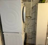 Pračka se sušičkou v koupelně 4pokojového bytu, mramorový obklad na stěnách.