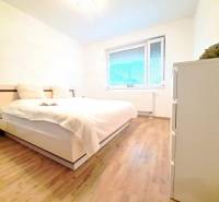 Ložnice v 2pokojovém bytě s podlahou s dřevěným dekorem a velkou postelí.