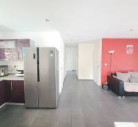 Kuchyně s fialovými skříňkami a šedou podlahou v rodinném domě.