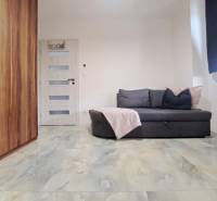 Pokoj v rodinném domě s pohovkou, skříňkou, dveřmi a podlahou s mramorovým dekorem.