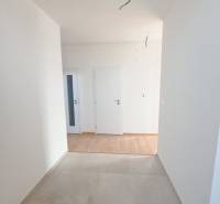 Chodba v rodinném domě se dvěma bílými dveřmi a podlahou s dřevěným dekorem.