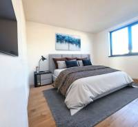 Ložnice v rodinném domě s postelí, obrazem, TV a podlahou s dřevěným dekorem.