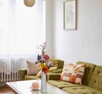 Světlý obývací pokoj ve 3-pokojovém bytě s pohovkou, stolem a dekorativními květinami ve váze.