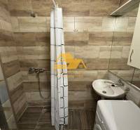 Koupelna v 3-pokojovém bytě s podlahou s dřevěným dekorem, sprchovým koutem a pračkou.