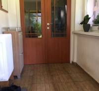 V rodinném domě: předsíň s dveřmi, podlaha s dřevěným dekorem, rostliny na parapetu.