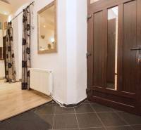 Ve 2-pokojovém bytě je vstupní chodba s podlahou s dřevěným dekorem a otevřenou kuchyní.