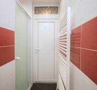 Koupelna v 2-pokojovém bytě s červenými obklady a bílými dveřmi.