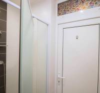 Koupelna s kombinací bílých a tmavých obkladů v 2-pokojovém bytě.