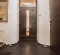 Vstupní chodba s tmavými dveřmi, zrcadlem a radiátorem v 2-pokojovém bytě.