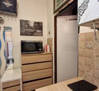 Garsonka s kuchyňským koutem, mikrovlnkou, vestavěnou skříní a zrcadlem.