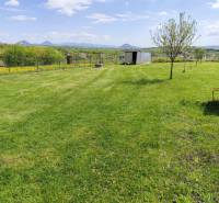 Rozlehlý trávník s několika stromy na pozemcích určených k bydlení v Sabinově.