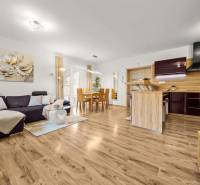 Obývací pokoj a kuchyňa v rodinném domě s podlahou s dřevěným dekorem, pohodlný gauč.