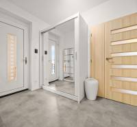 Vstupní hala s podlahou s dřevěným dekorem, zrcadlová skříň a světlé dveře v rodinném domě.