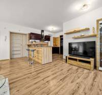 Obývací pokoj v rodinném domě s kuchyní a podlahou s dřevěným dekorem.