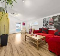 Obývací pokoj s podlahou s dřevěným dekorem, červenou sedačkou a velkou rostlinou.