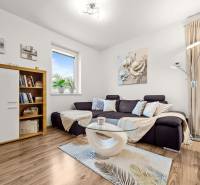 Obývací pokoj v rodinném domě s pohovkou, skříní, podlahou s dřevěným dekorem a dekoracemi.