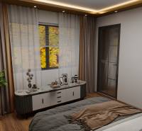 Ložnice s podlahou s dřevěným dekorem, dekoracemi a velkým oknem v 3-pokojovém bytě.