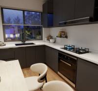 Kuchyně s podlahou s dřevěným dekorem, černým nábytkem a venkovským výhledem.