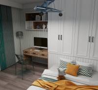 Dětský pokoj s pracovním stolem, skříní a postelí v 3-pokojovém bytě.