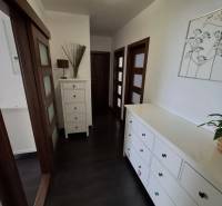 Chodba v 3-pokojovém bytě s tmavou podlahou a bílým nábytkem.