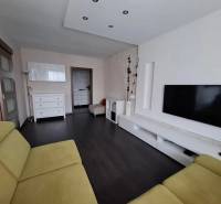 Obývací pokoj v 3pokojovém bytě s podlahou s dřevěným dekorem, TV a sedací soupravou.