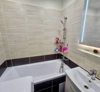 Koupelna v 2-pokojovém bytě s vanou, umyvadlem a keramickým obkladem.