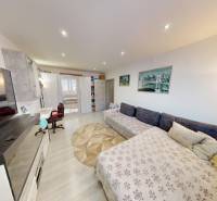 Obývací pokoj ve 2-pokojovém bytě s koberci, sedačkou a podlahou s dřevěným dekorem.