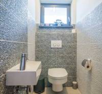 Koupelna v rodinném domě s umyvadlem, toaletou a útulným obkladem.