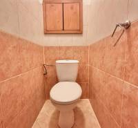 Koupelna s dlaždicemi a dřevěnou skříňkou v 3-pokojovém bytě.