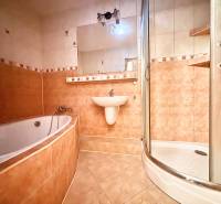 Koupelna v 3-pokojovém bytě s vanou, sprchovým koutem a keramickým obkladem.