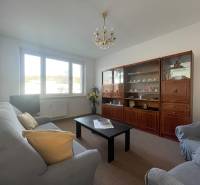 Obývací pokoj v 3pokojovém bytě s pohovkou, křesly a obývací stěnou.