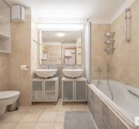 Koupelna s vanou, dvojitým umyvadlem a úložným prostorem v 3-pokojovém bytě.