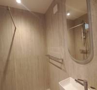 Koupelna se sprchovým koutem a umyvadlem ve 4-pokojovém bytě.