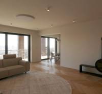 Obývací pokoj s pohovkou, krbem a podlahou s dřevěným dekorem ve 4pokojovém bytě.